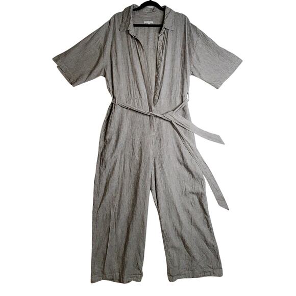 Z Supply XL Linen Striped Jumpsuit Ellora w belt Oatmeal beige Widelegs Stylish - Picture 1 of 16
